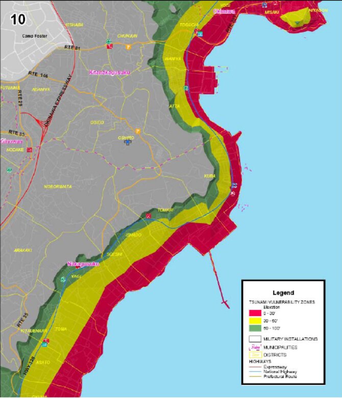 Area 10 of tsunami threat areas for military installations on Okinawa. Red areas are below 30 feet in elevation, yellow is below 60 feet and green is 100 feet or less. (Courtesy graphic)