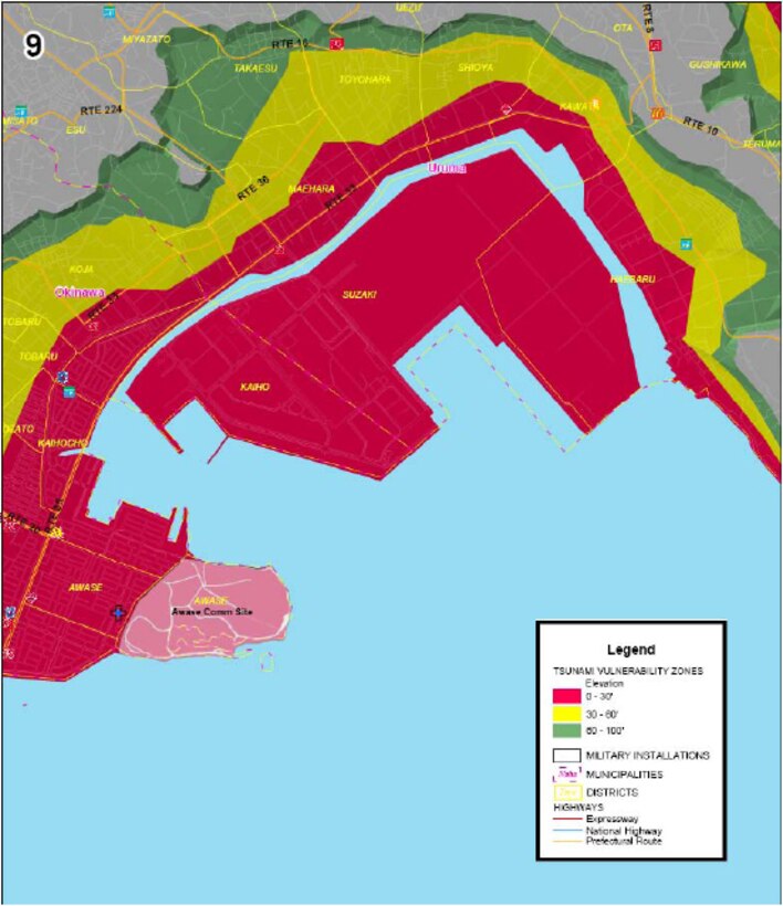 Area 9 of tsunami threat areas for military installations on Okinawa. Red areas are below 30 feet in elevation, yellow is below 60 feet and green is 100 feet or less. (Courtesy graphic)