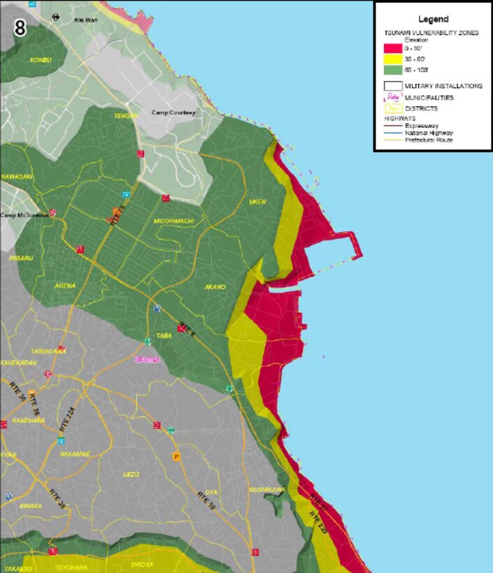 Area 8 of tsunami threat areas for military installations on Okinawa. Red areas are below 30 feet in elevation, yellow is below 60 feet and green is 100 feet or less. (Courtesy graphic)