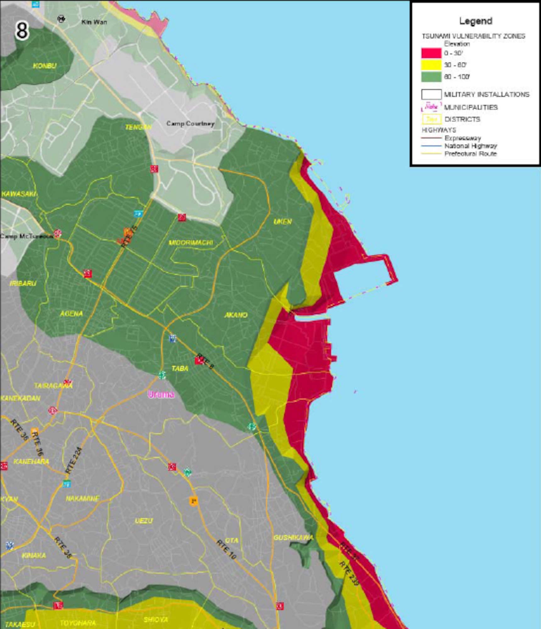 Area 8 of tsunami threat areas for military installations on Okinawa. Red areas are below 30 feet in elevation, yellow is below 60 feet and green is 100 feet or less. (Courtesy graphic)