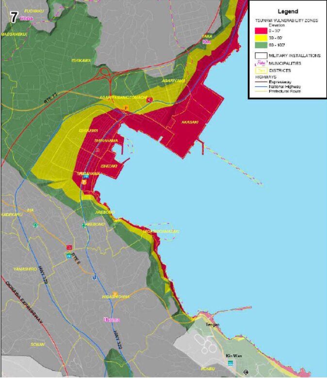 Area 7 of tsunami threat areas for military installations on Okinawa. Red areas are below 30 feet in elevation, yellow is below 60 feet and green is 100 feet or less. (Courtesy graphic)