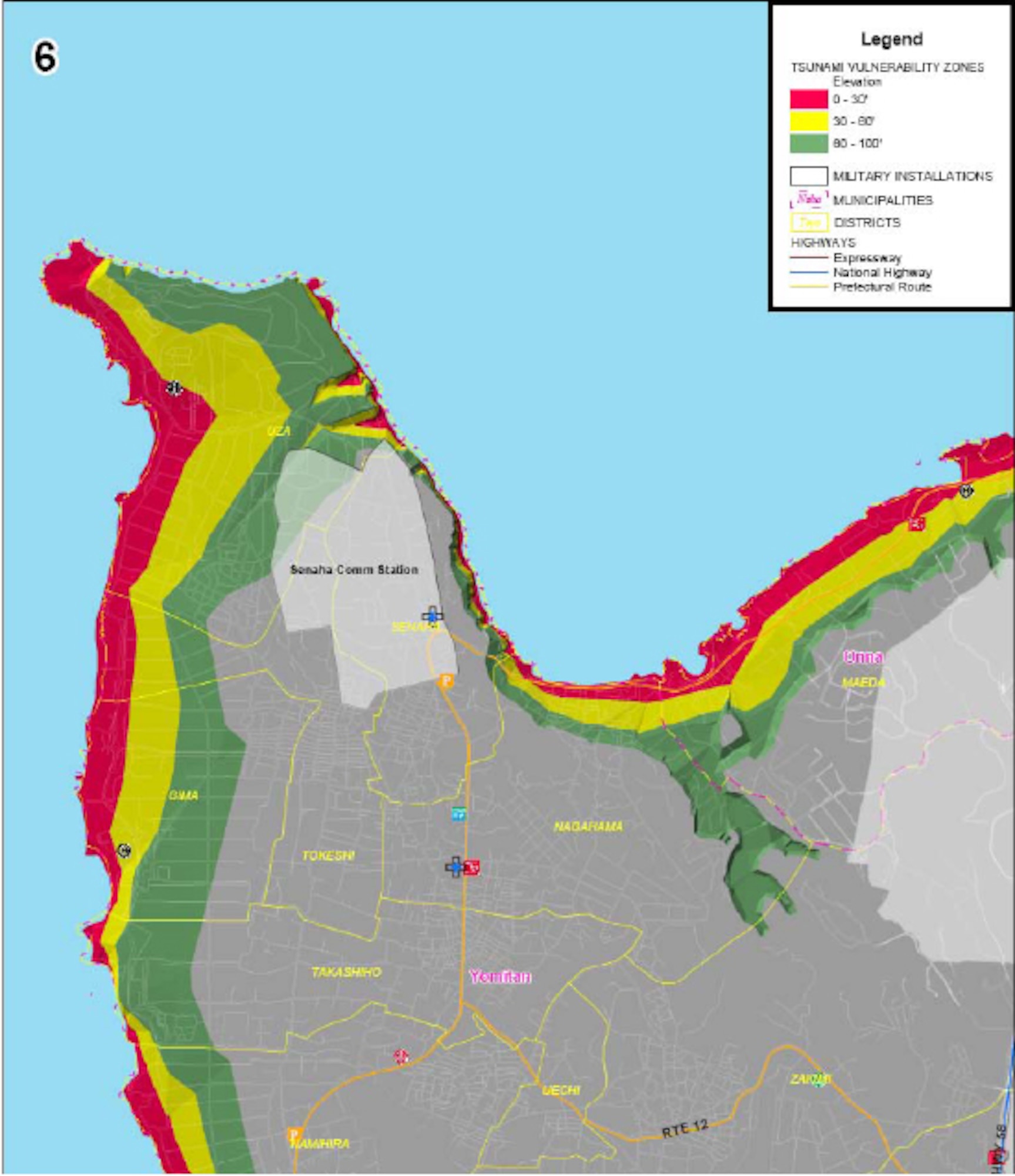 Area 6 of tsunami threat areas for military installations on Okinawa. Red areas are below 30 feet in elevation, yellow is below 60 feet and green is 100 feet or less. (Courtesy graphic)