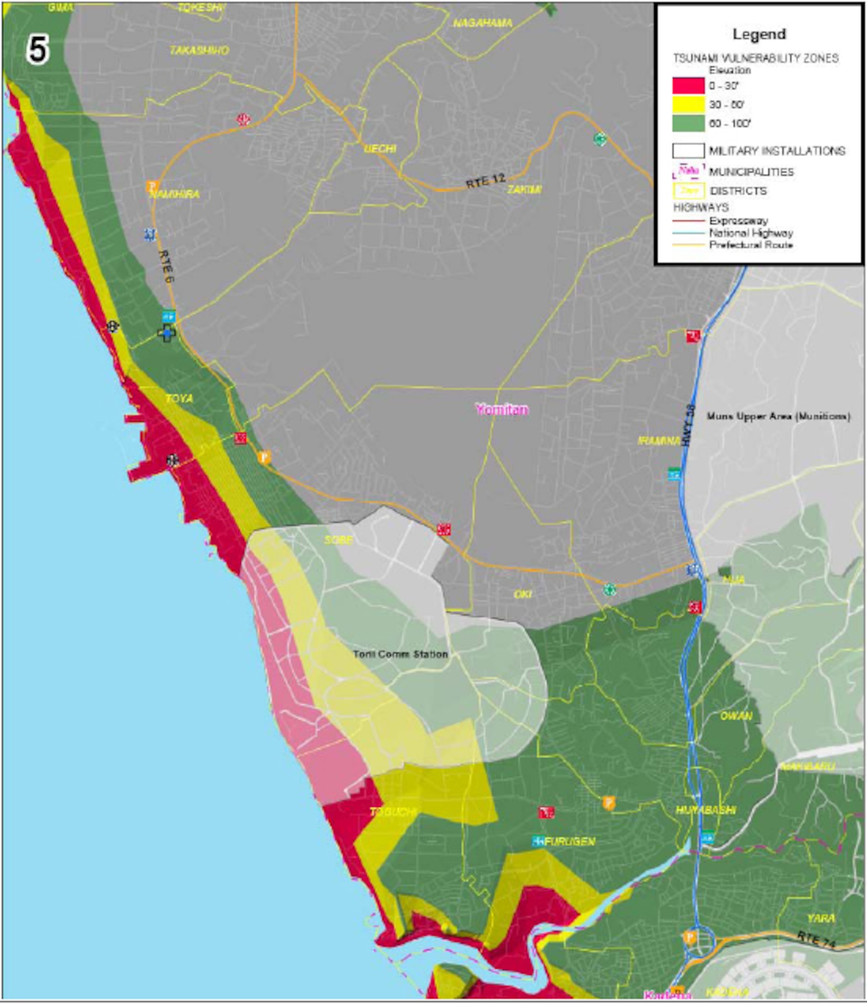 Area 5 of tsunami threat areas for military installations on Okinawa. Red areas are below 30 feet in elevation, yellow is below 60 feet and green is 100 feet or less. (Courtesy graphic)