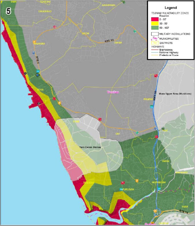 Area 5 of tsunami threat areas for military installations on Okinawa. Red areas are below 30 feet in elevation, yellow is below 60 feet and green is 100 feet or less. (Courtesy graphic)
