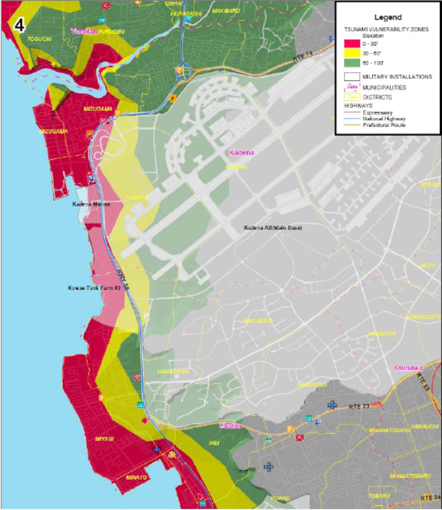 Area 4 of tsunami threat areas for military installations on Okinawa. Red areas are below 30 feet in elevation, yellow is below 60 feet and green is 100 feet or less. (Courtesy graphic)