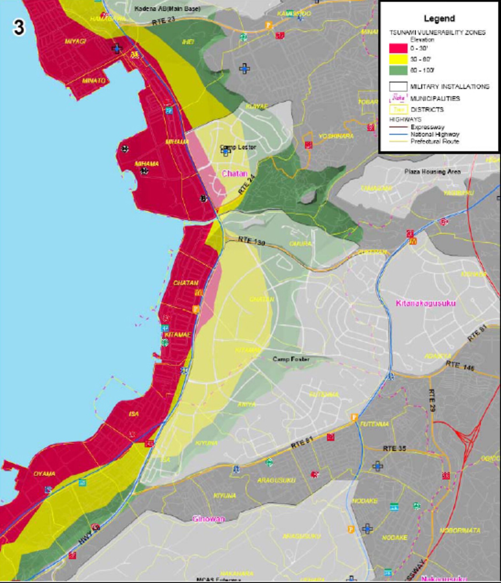 Area 3 of tsunami threat areas for military installations on Okinawa. Red areas are below 30 feet in elevation, yellow is below 60 feet and green is 100 feet or less. (Courtesy graphic)