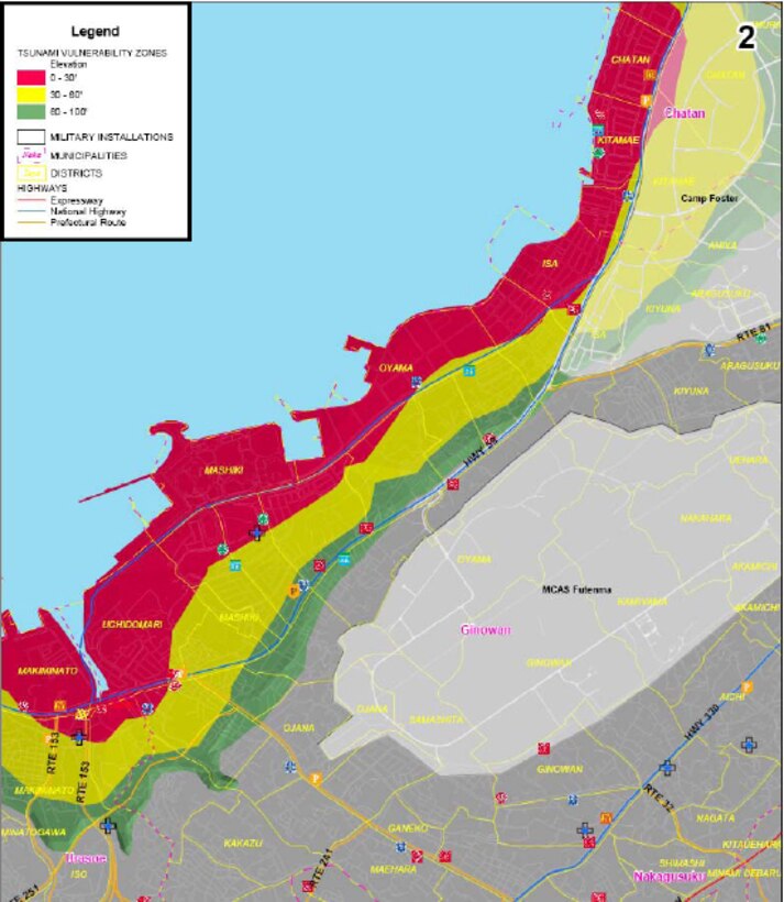 Area 2 of tsunami threat areas for military installations on Okinawa. Red areas are below 30 feet in elevation, yellow is below 60 feet and green is 100 feet or less. (Courtesy graphic)