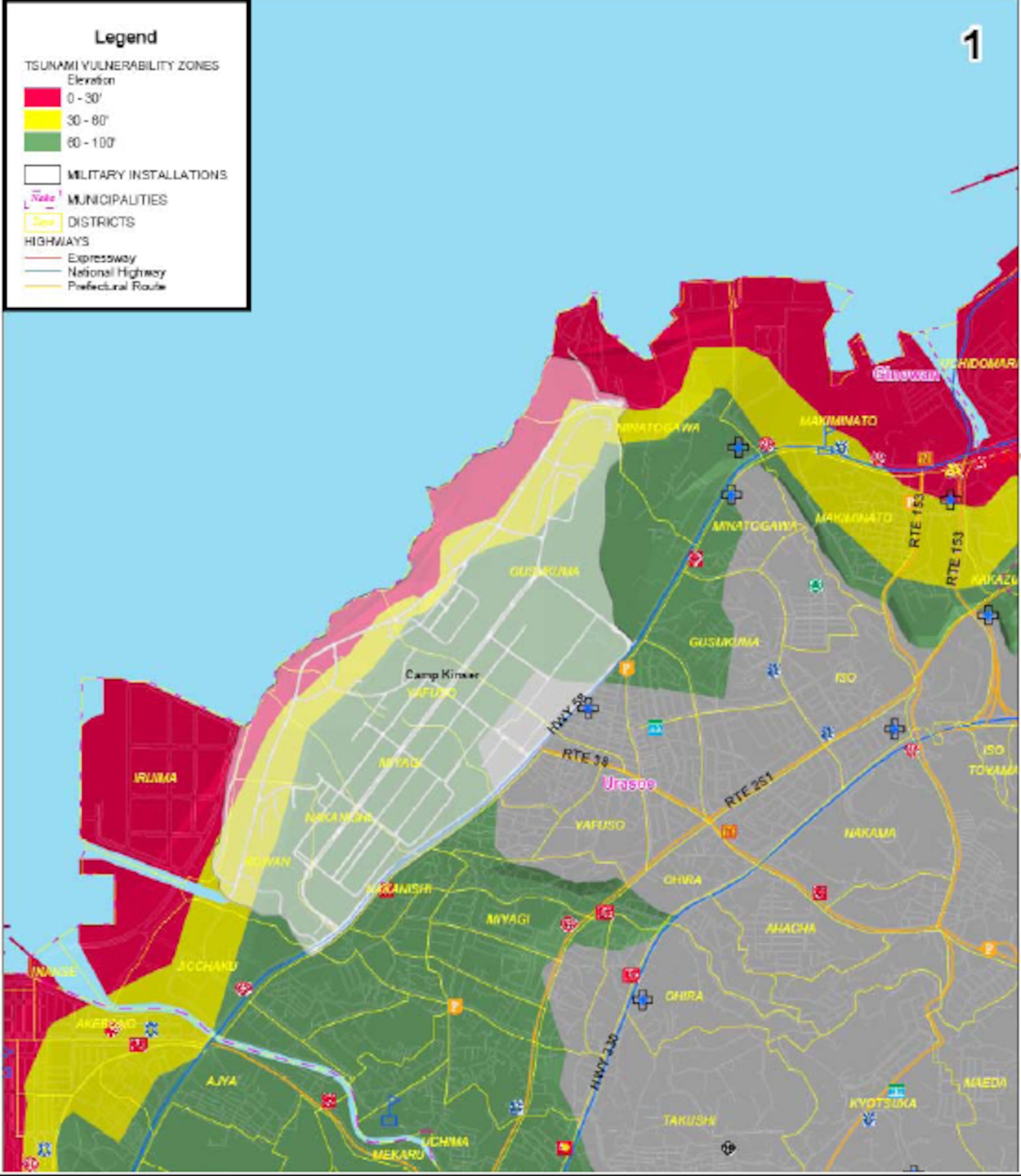 Area 1 of tsunami threat areas for military installations on Okinawa. Red areas are below 30 feet in elevation, yellow is below 60 feet and green is 100 feet or less. (Courtesy graphic)