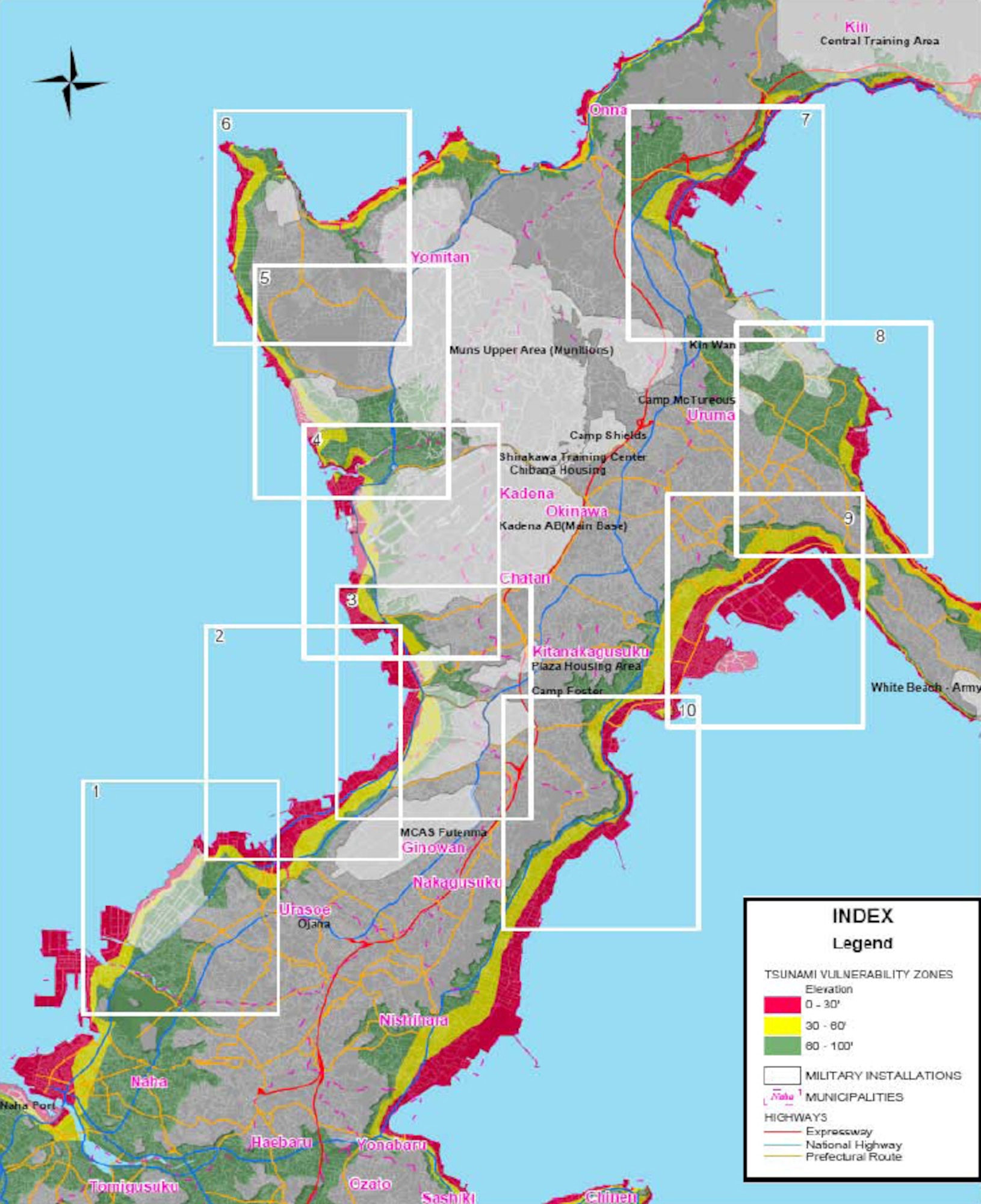 Tsunami threat areas for military installations on Okinawa. Red areas are below 30 feet in elevation, yellow is below 60 feet and green is 100 feet or less. (Courtesy graphic)