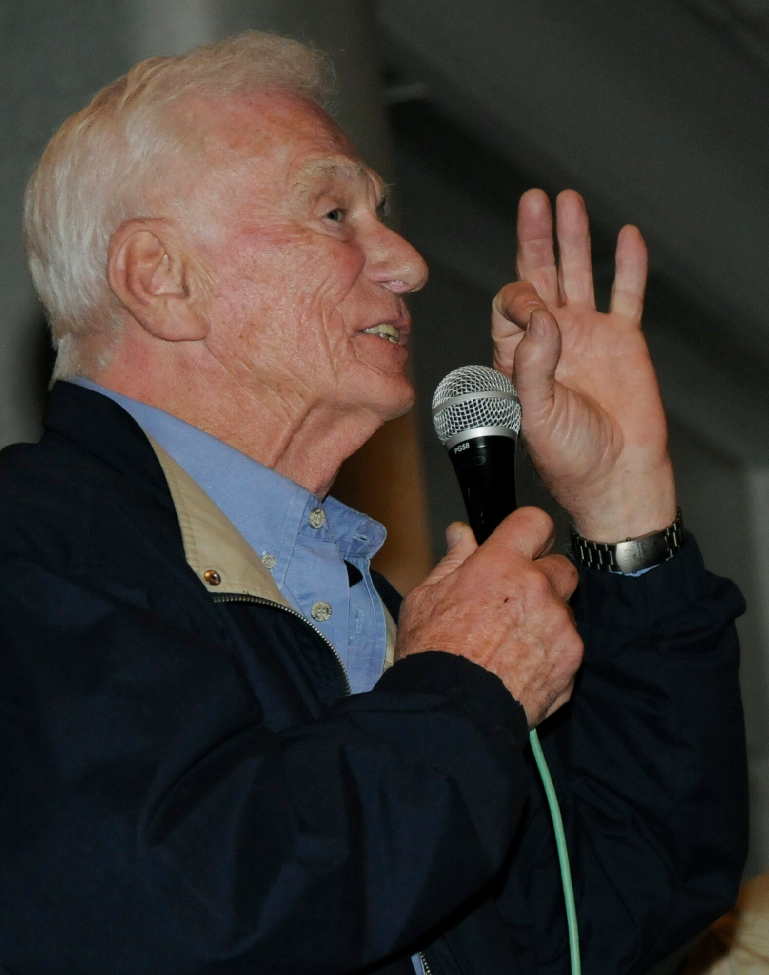 Gene Cernan, the last man to leave his footprints on the moon, shares his experience about being on the moon Saturday, March 6, 2010 during the “Legends of Aerospace” tour at Incirlik Air Base, Turkey. David Hartman, retired United States Air Force officer and original Host of ABC’s Good Morning America, joined legends Neil Armstrong, Gene Cernan, Bob Gilliland, Jim Lovell and Steve Ritchie for a Morale Entertainment supported tour to meet with thousands of troops overseas and honor their defense of freedom. (U.S. Air Force photo/Airman 1st Class Amber Ashcraft)