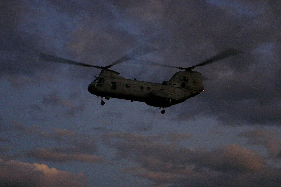 A CH-46E Sea Knight with Marine Medium Helicopter Squadron 265 Reinforced (HMM-265 REIN) approaches a landing zone objective during a mock helicopter raid, March 10. Servicemembers from the Armed Forces of the Philippines (AFP) and the 31st Marine Expeditionary Unit (MEU) are training together during Balikatan 2010 (BK ’10) to hone their civil-military interoperability skills to ensure more responsive, efficient and effective relief efforts.
