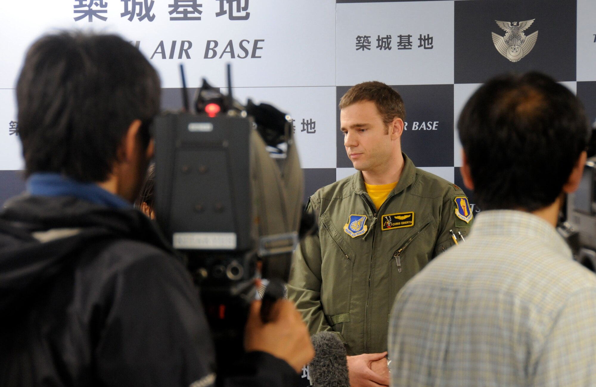 TSUIKI AIR BASE, Japan ? Maj. Chris Eberth, 14th Fighter Squadron pilot and Tsuiki Aviation Training Relocation detachment commander, addresses the media following the arrival of five F-16 Fighting Falcons on base March 5. The five jets and approximately 90 Airmen are participating in a week-long ATR exercise with the Japan Air Self-Defense Force. (U.S. Air Force photo/Staff Sgt. Rachel Martinez)