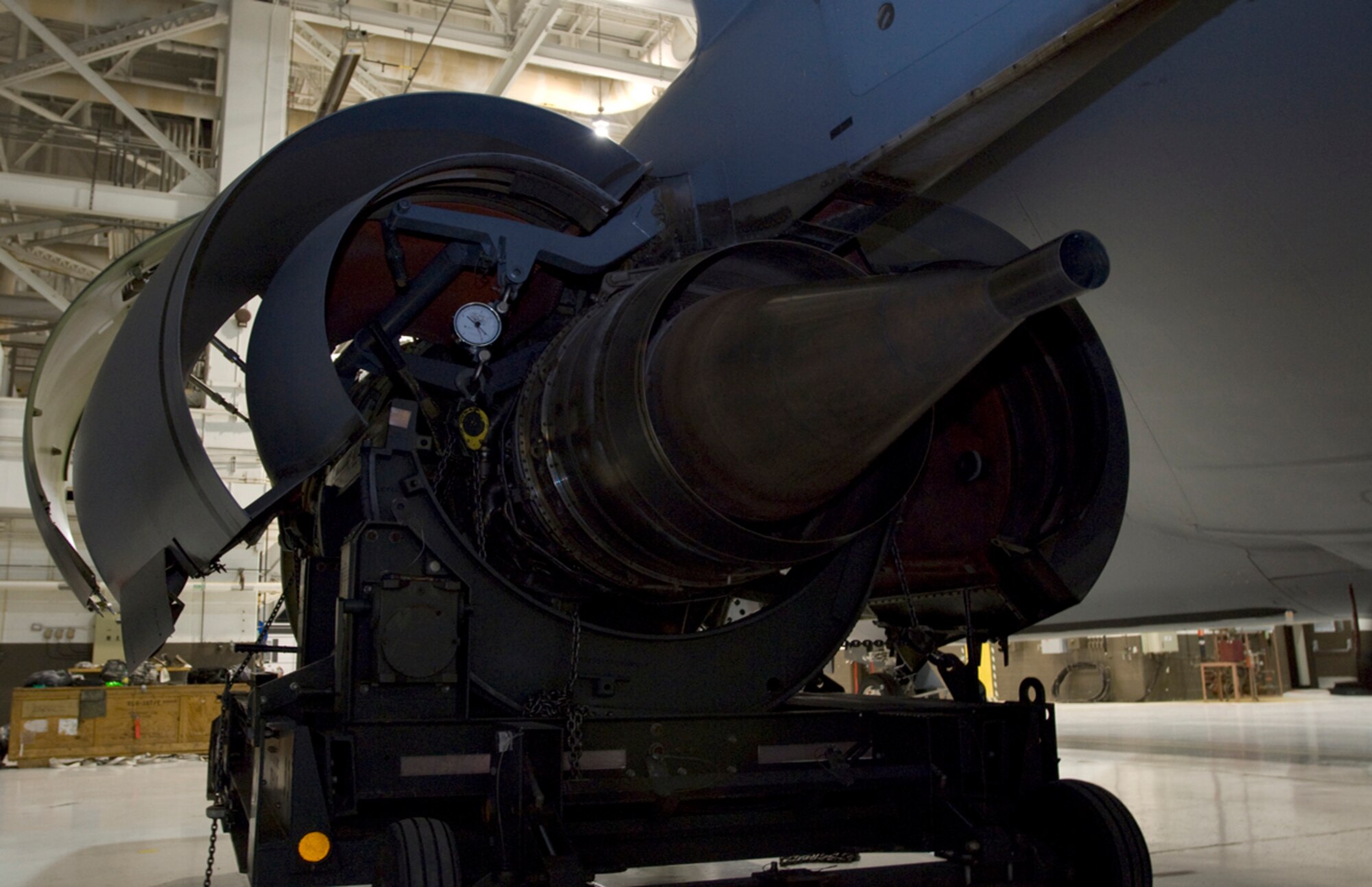 A KC-135R Stratotanker F108-100 engine awaits transportation from McConnell Air Force Base, Kan., to Tinker AFB, Okla., where it will be refurbished. After 26 years of service, the engine, serial number 711107, is the last original F108 engine to be refurbished. (U.S. Air Force photo/Senior Airman Abigail Klein)