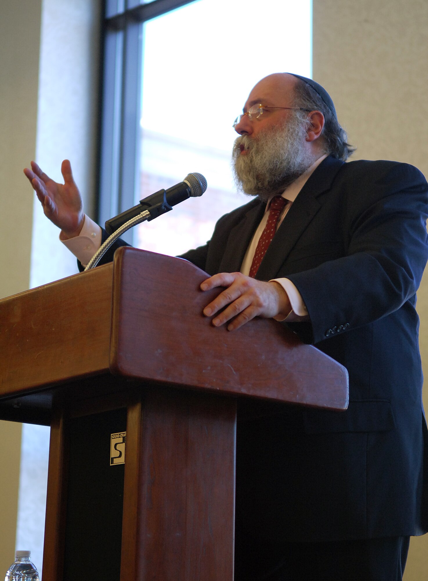 SCOTT AIR FORCE BASE, Ill. -- Rabbi Simon Jacobsen speaks at Scott AFB's National Prayer Luncheon March 4. Rabbi Jacobsen is the director of the Meaningful Life Center in Manhattan, N.Y. and the author of the bestselling book called "Toward a Meaningful Life" (U.S. Air Force photo by Senior Airman Ryan Crane) 