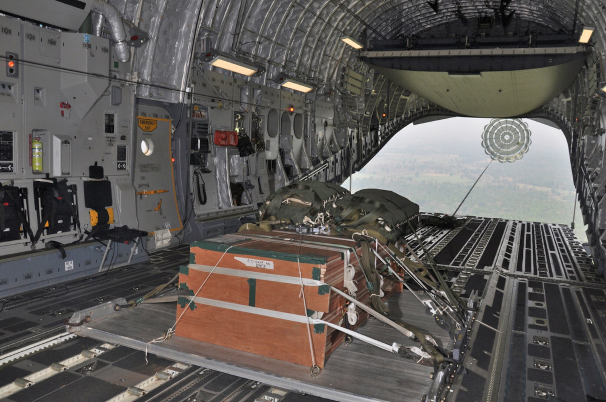 Simulated cargo is ready to be ejected from the back of a C-17 Globemaster III during an airdrop training mission supporting Cope Tiger 2010 March 8, 2010, in Thailand. This year's exercise takes place primarily at Udon Thani and Korat Royal Thai Air Force Bases March 1 to 12. The C-17 is from Joint Base Pearl Harbor-Hickam, Hawaii. (U.S. Air Force photo/Tech. Sgt. Cohen A. Young)