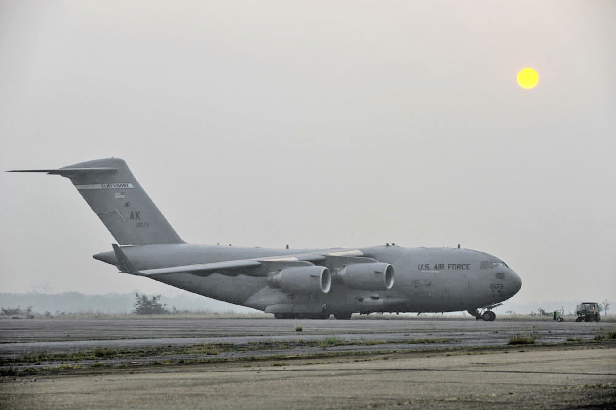 A C-17 Globemaster III  is parked on the flightline March 8, 2010, at Udon Thani Royal Thai Air Force Base, Thailand, during Cope Tiger. The C-17 is from Elmendorf Air Force Base, Alaska. (U.S. Air Force photo/Tech. Sgt. Cohen A. Young)