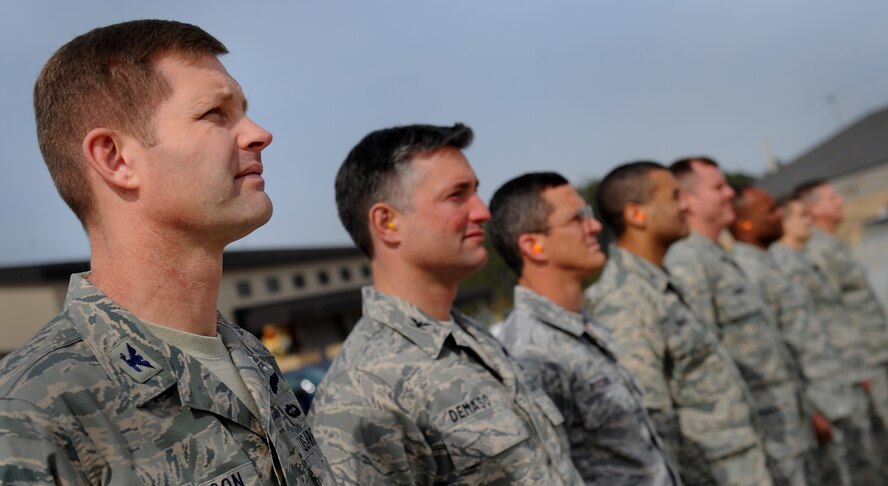 MOODY AIR FORCE BASE, Ga. -- Col. Gary Henderson, 23rd Wing commander, Col. William DeMaso, 23rd WG vice commander, Chief Master Sgt. Richard Parsons, 23rd WG command chief and other group commanders, wait for the Air Combat Command Inspector General Team to arrive here March 7. The inspectors visited Moody to evaluate the wing’s deployment capabilities during a Phase I Operational Readiness Inspection. (U.S. Air Force photo by Senior Airman Gina Chiaverotti-Paige)