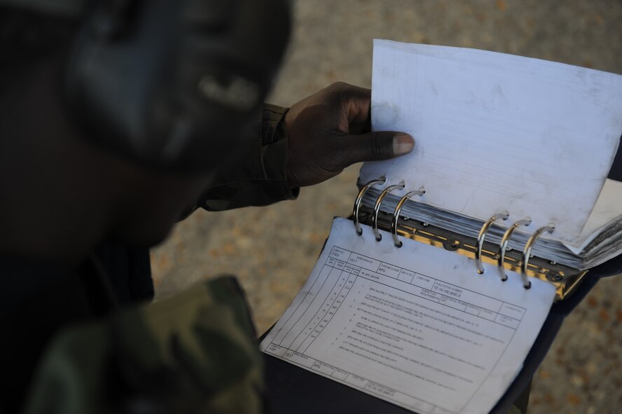 MOODY AIR FORCE BASE, Ga. -- A maintenance Airman reads over a technical order before performing an inspection on an A-10C Thunderbolt II during a Phase I Operational Readiness Inspection here March 8. The two-day inspection tests the wing’s ability to deploy personnel and equipment following a short-notice tasking. (U.S. Air Force photo by Senior Airman Gina Chiaverotti-Paige) 