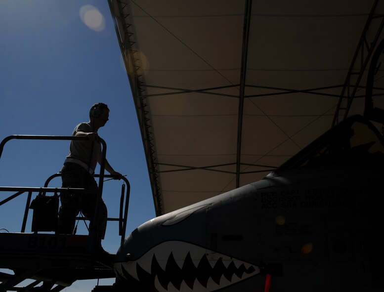 MOODY AIR FORCE BASE, Ga. -- A maintenance Airman works on a 75th Fighter Squadron A-10C Thunderbolt II during a Phase I Operational Readiness Inspection here March 8. The inspection tested how well the wing prepares for a short-notice deployment tasking. (U.S. Air Force photo by Senior Airman Gina Chiaverotti-Paige)