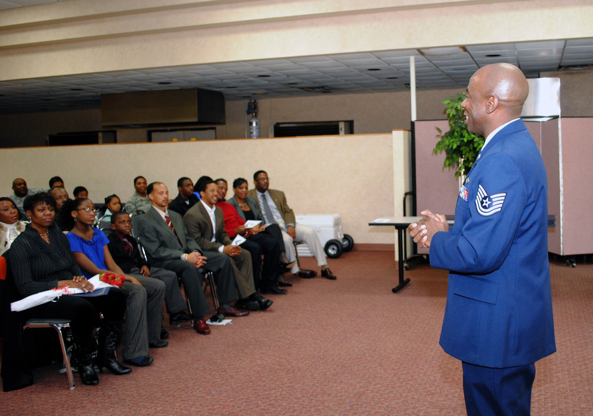 Tech. Sgt. Danny Griffin, 94th Services unit training manager, reflects on his years of service to the Air Force to friends, family members and fellow Airmen during the 94th Services Retirement Ceremony on March 7 at Dobbins Air Reserve Base. 

   “As a training manager, I enjoyed meeting and working with our new Airmen coming into the Services career field,” said Sergeant Griffin.  (U.S. Air Force photo/Master Sgt. Stan Coleman)
  