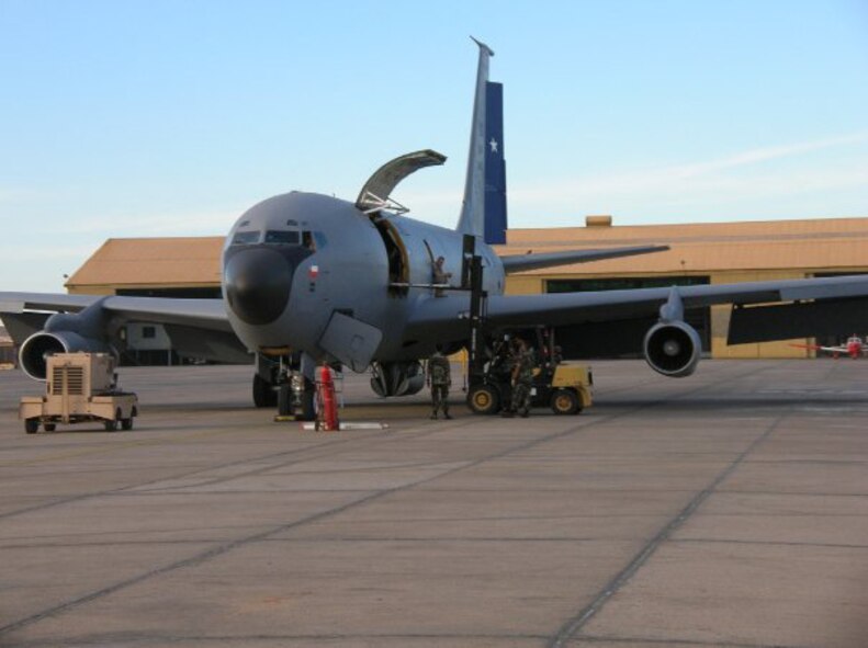 The first Chilean KC-135 "E" model arrives in Santiago in February 2010. Crews from Sheppard Air Force Base and the Utah Air National Guard helped deliver the first of three U.S. KC-135E aircraft acquired by the Chilean Air Force. Members of the 151st Air Refueling Wing deployed to Chile to help provide operations and maintenance training to the Chilean AF on the aircraft, but the training quickly transformed into a real-world humanitarian operation after the 8.8-magnitude earthquake hit the country. Aircrews have been transporting critical medical equipment and supplies throughout the country. U.S. Air Force photo by Lt. Col. Boyd Badali