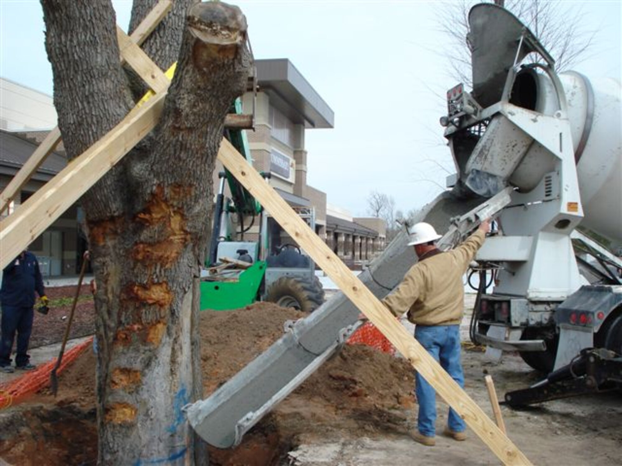Artist Marlin Miller, who was stationed at Keesler in 1982, created an eagle carving last weekend in front of the new base exchange.  He returns around lunch time today to put the finishing touches on his work.  He’s created more than 20 of the carvings from trees battered by Hurricane Katrina.  Photos show a tree toppled at the Mississippi Coast Coliseum being transported to the site, workers anchoring the trunk and the carving.  (Courtesy photo)