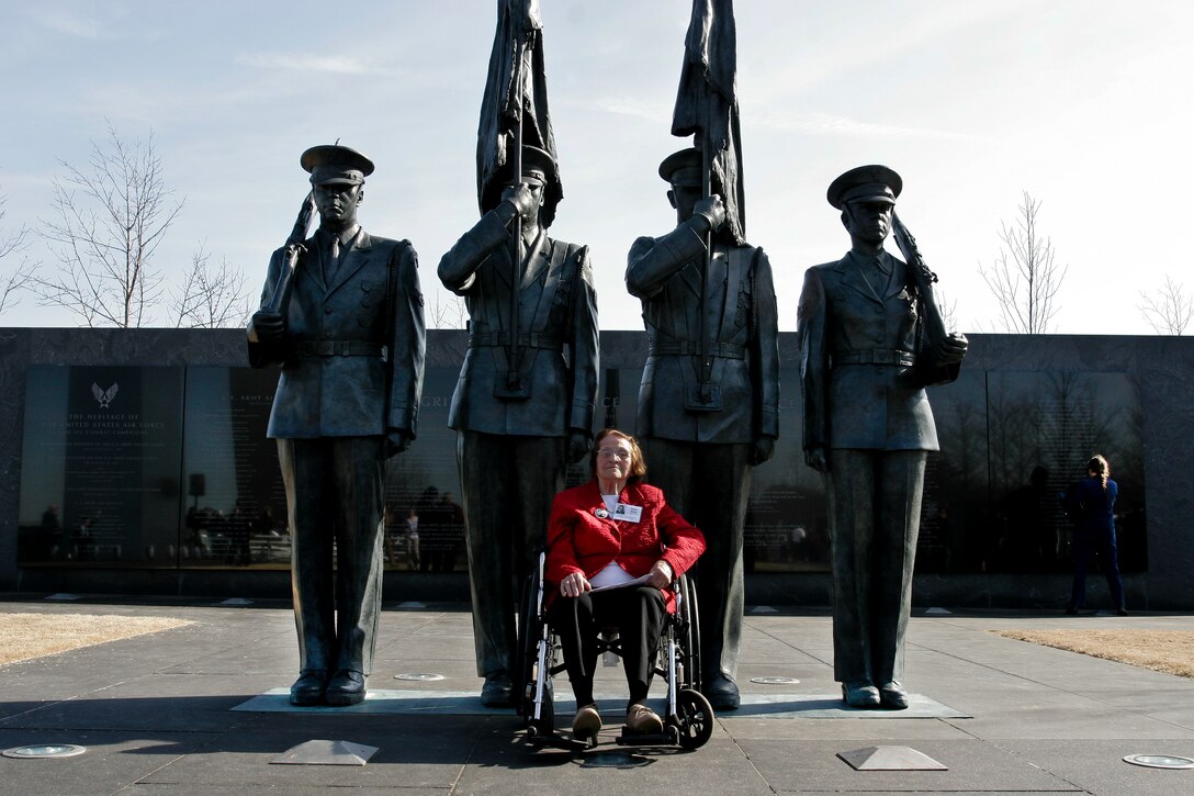 Rose Penn Ross, a pilot who flew with the Women Airforce Service Pilots during World War II, poses for a photo March 9 at the Air Force Memorial after a wreath-laying ceremony to honor the pilots at the memorial in Arlington, Va.  The ceremony was part of a two-day event in which all WASPs will receive the Congressional Gold Medal for their service.  DoD photo by Linda Hosek.