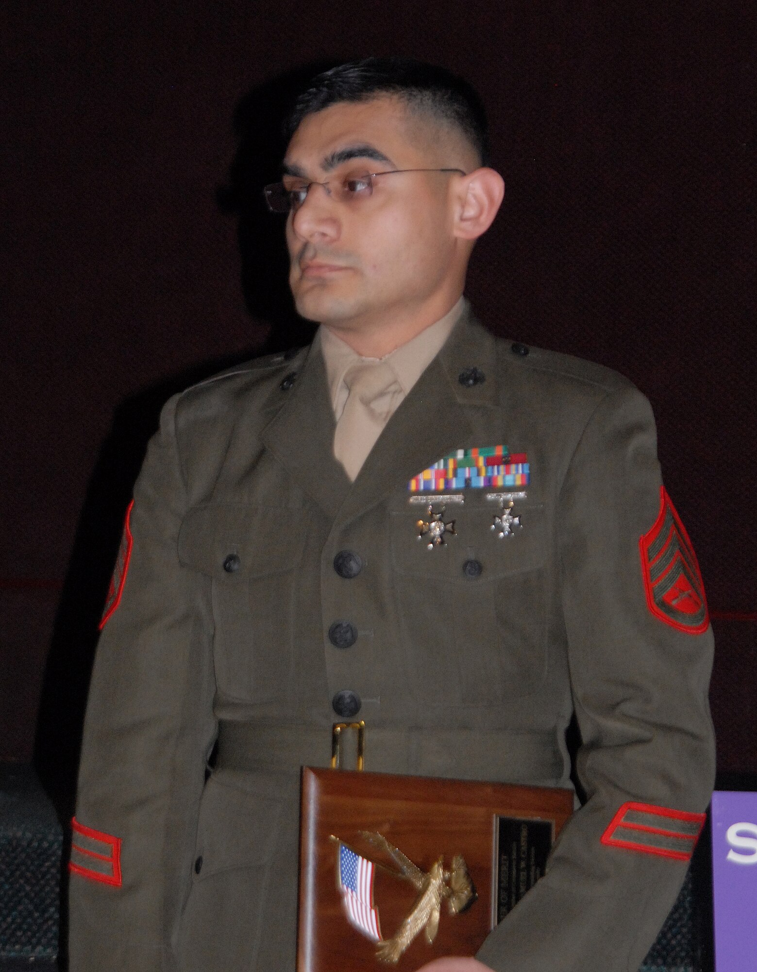 Staff Sgt. Samuel Castro, Marine Corps Detachment, Goodfellow AFB, was selected as the 2010 Order of Merit recipient at the monthly Chamber of Commerce luncheon held at the Venue in San Angelo, March 9. The Order of Merit recognizes an active duty Goodfellow member who exhibited outstanding professional military performance and exemplary civic involvement. (U.S. photo/ Master Sgt. Randy Mallard) 