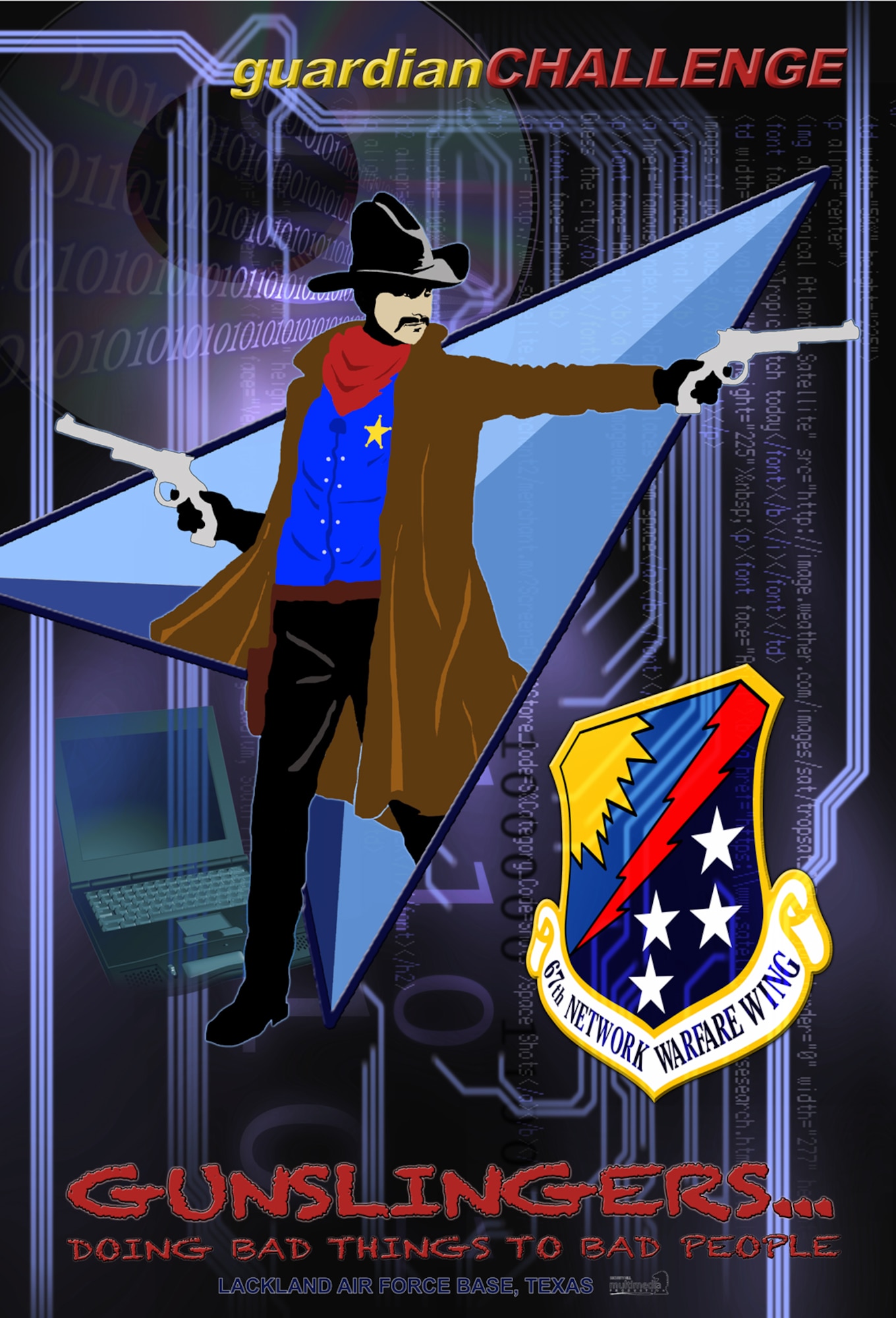The 67th Network Warfare Wing Gunslinger is the wing's mascot. The Gunslinger represents the spirit and tenacity of the wing's personnel through his parallels with the wing shield: a star on his chest, like the shield stars, to represent the mission of network attack, exploitation, defense, and operations performed by cyberspace warriors to defeat adversaries; a dark blue shirt, like the dark blue field, to symbolize the shroud of secrecy that surrounds a cyberspace adversary; and a red scarf, the lightening bolt, to represent the applied speed, strength, power, and precision of Air Force network warfare. The Gunslinger's lifelong mission has been and will be to deny adversaries the use of cyberspace while maximizing Air Force use of the net: Lux Ex Tenebris (Light from Darkness). (U.S. Air Force Graphic/Vincent Childress)