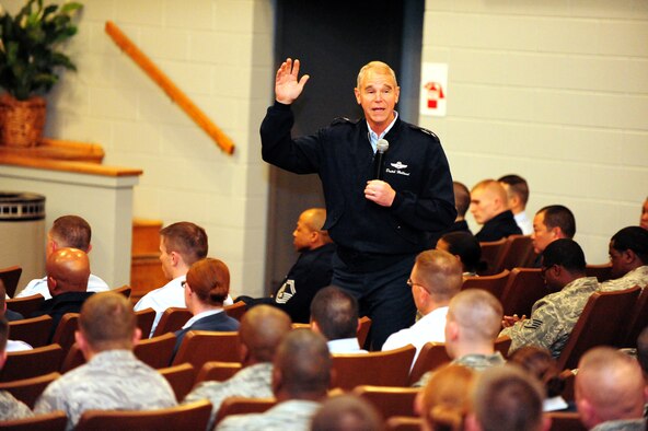 SHAW AIR FORCE BASE, S.C. -- Maj. Gen. William Holland, Ninth Air Force commander, answers questions during an Airmen's call, March 8. General Holland and his wife, Norma, made an official visit to the 20th Fighter Wing. (U.S. Air Force photo/Airman 1st Class Neil D. Warner)