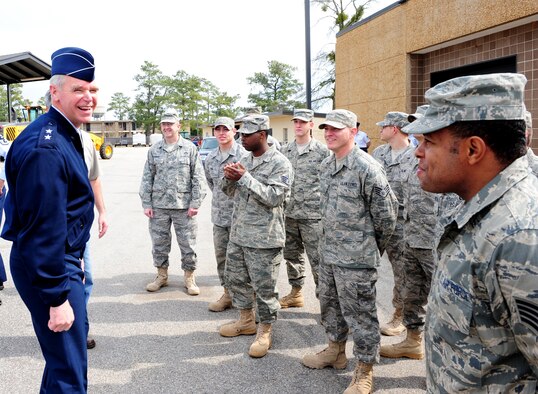 SHAW AIR FORCE BASE, S.C. -- Maj. Gen. William Holland, Ninth Air Force commander, shares some laughs with Airmen of the 20th Civil Engineer Squadron, March 8. General Holland and his wife, Norma, made an official visit to the 20th Fighter Wing. (U.S. Air Force photo/Airman 1st Class Neil D. Warner)