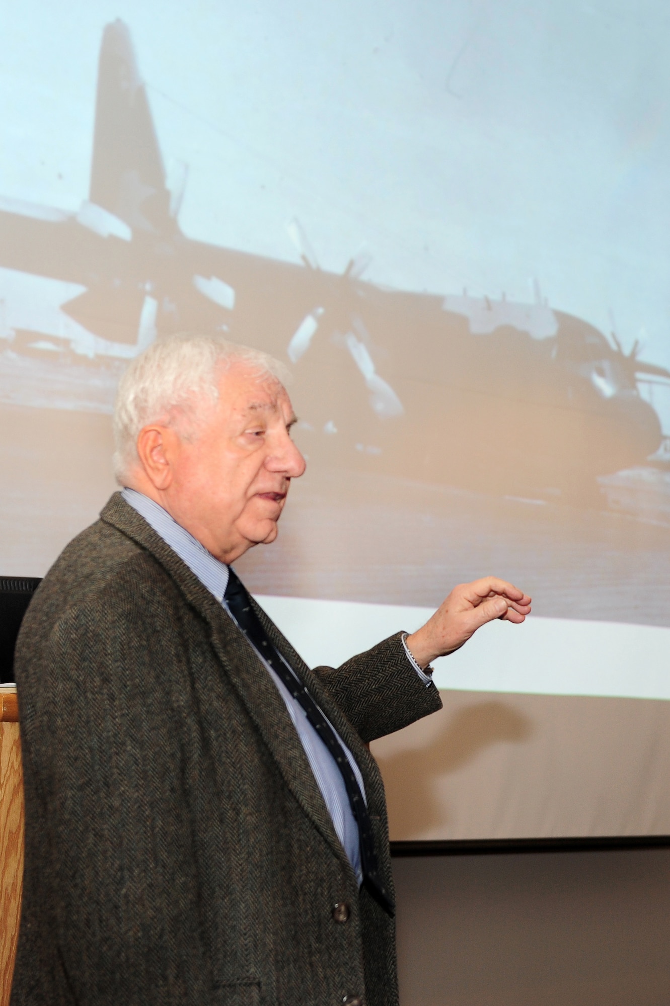 Retired Col. (Dr.) Alan Gropman, National Defense University and Industrial College of the Air Force professor, spoke to Airmen, local community leaders and fellow veterans on base March 4 about past experiences during Vietnam. Dr. Gropman, a C-130 Hercules navigator during the Vietnam War, shared his experience and the story of others during the briefing. (U.S. Air Force photo by Senior Airman Steele C. G. Britton)