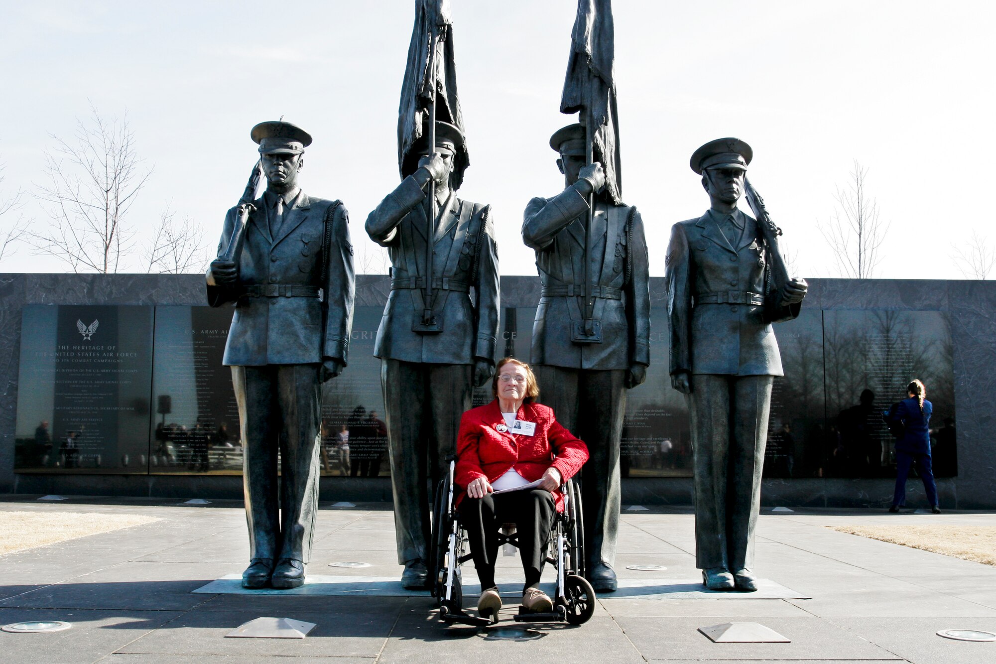 Rose Penn Ross, a pilot who flew with the Women Airforce Service Pilots during World War II, poses for a photo at the Air Force Memorial after a wreath-laying ceremony to honor the pilots at the memorial March 10, 2010, in Arlington, Va. The ceremony is part of a two-day event to honor the 1,102 women civilian pilots who served their country by flying military aircraft under the direction of U.S. military forces. (Defense Department photo/Linda Hosek)