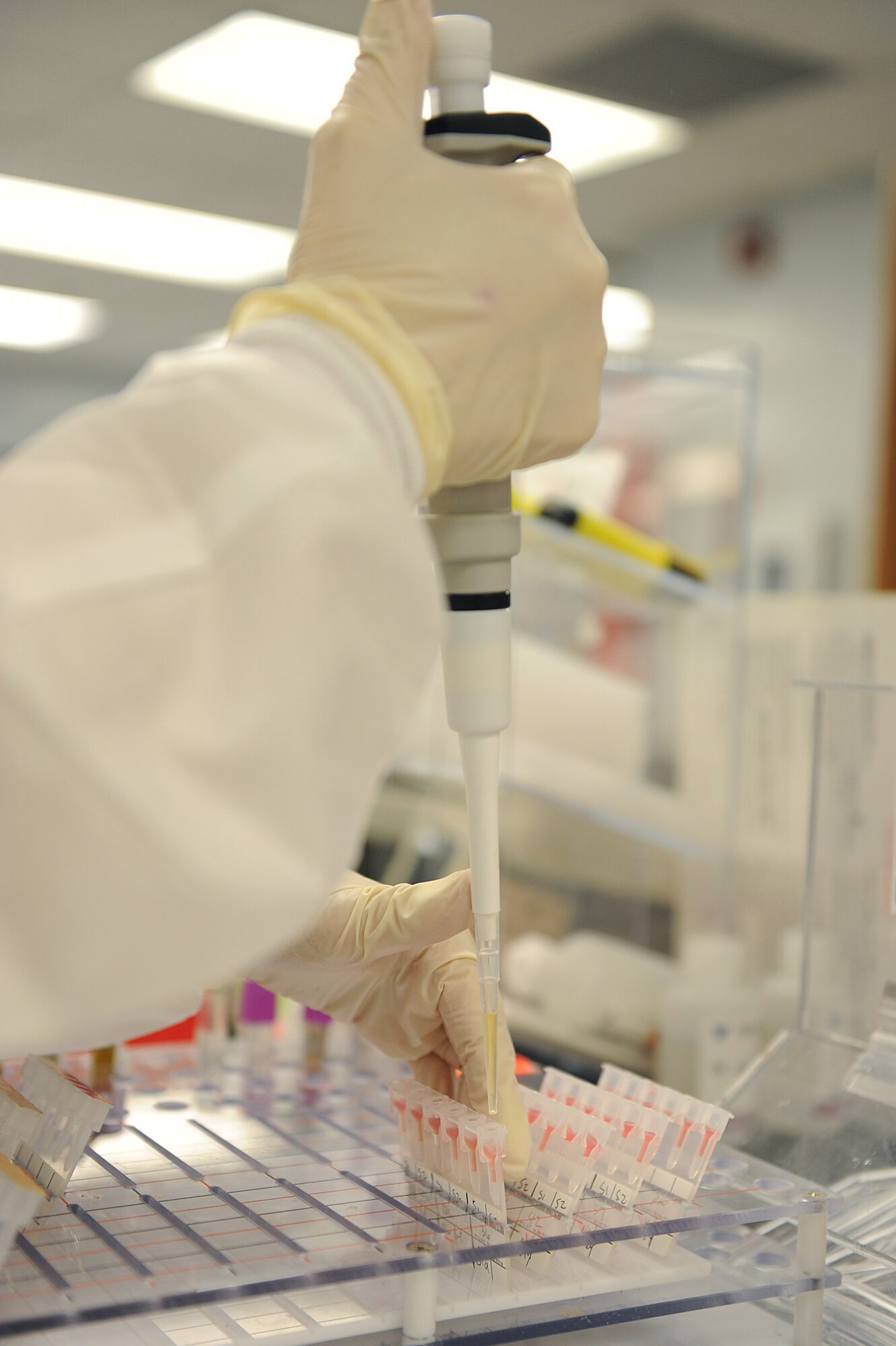 Rhonda Johnson, 19th Medical Group medical technician, inserts a specific measurement of plasma and cells into an ID-Micro Typing System Feb. 3 using a pipetting tool.  The ID-Micro Typing System is used for blood grouping, antibody screening and identification and cross-match testing.  (U.S. Air Force photo by Staff Sgt. Chad Chisholm)