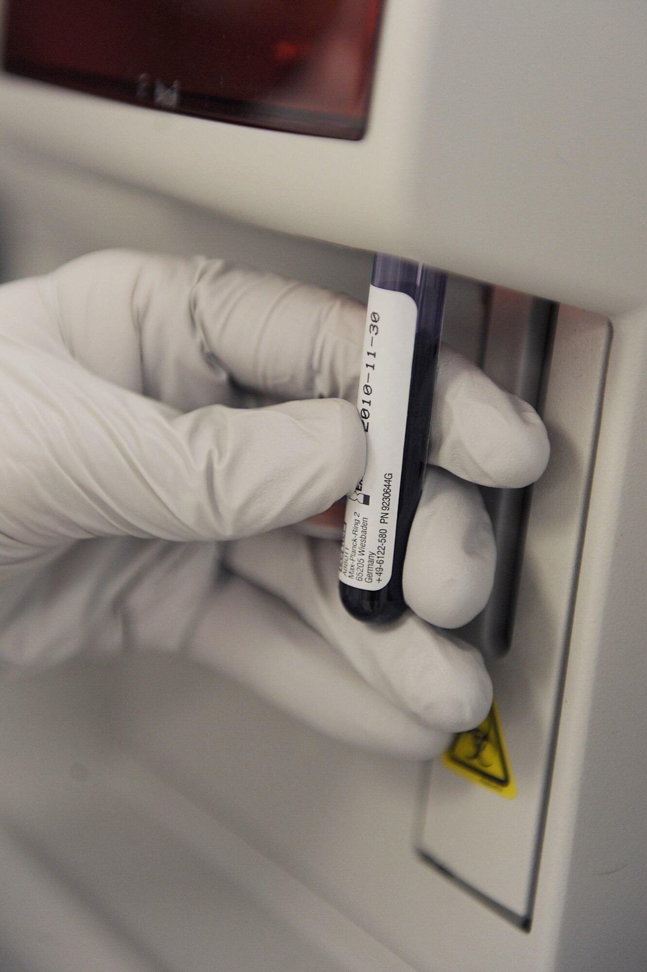 Airman 1st Class Grant Wendland, 19th Medical Group medical technician, uses a test sample of blood to perform a blood count test on a Cell-Dyn Ruby Feb. 3 to be used in a College of American Pathologists Survey. The College of American Pathologists Survey strives to provide the best patient care by striving for the highest performance of laboratories from around the world.  (U.S. Air Force photo by Staff Sgt. Chad Chisholm)