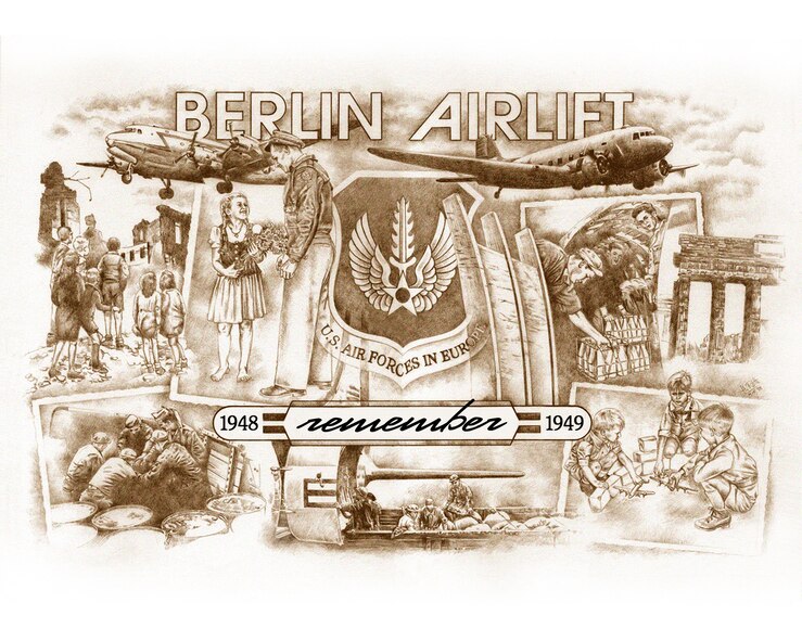 During the multinational occupation of post-World War II Germany, the Soviet Union blocked the Western Allies' railway and road access to the sectors of Berlin under their control. Their aim was to force the western powers to allow the Soviet zone to start supplying Berlin with food and fuel, thereby giving the Soviets practical control over the entire city.

In response, the Western Allies organized the Berlin Airlift to carry supplies to the people in West Berlin. The over 4,000 tons per day required by Berlin during the airlift totaled, for example, over ten times the volume that the encircled German 6th Army required six years earlier at the Battle of Stalingrad. The Royal Air Force, other Commonwealth nations, and the recently formed United States Air Force, flew over 200,000 flights providing 13,000 tons of food daily to Berlin in an operation lasting almost a year. (U.S. Air Force graphic by Hans Roth)
