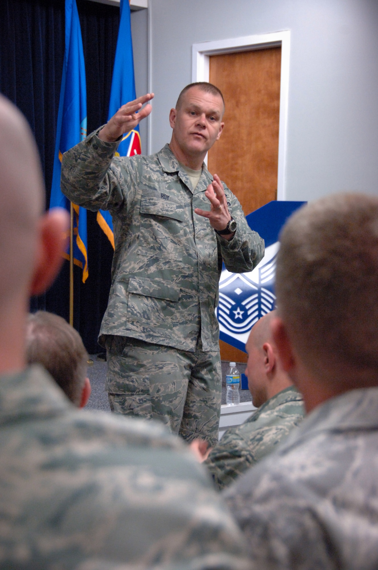 Chief Master Sergeant of the Air Force James Roy speaks to students at the First Sergeant Academy at Maxwell-Gunter Air Force Base, Ala., on Feb. 23, 2010.(Air Force photo/Melanie Rodgers Cox)