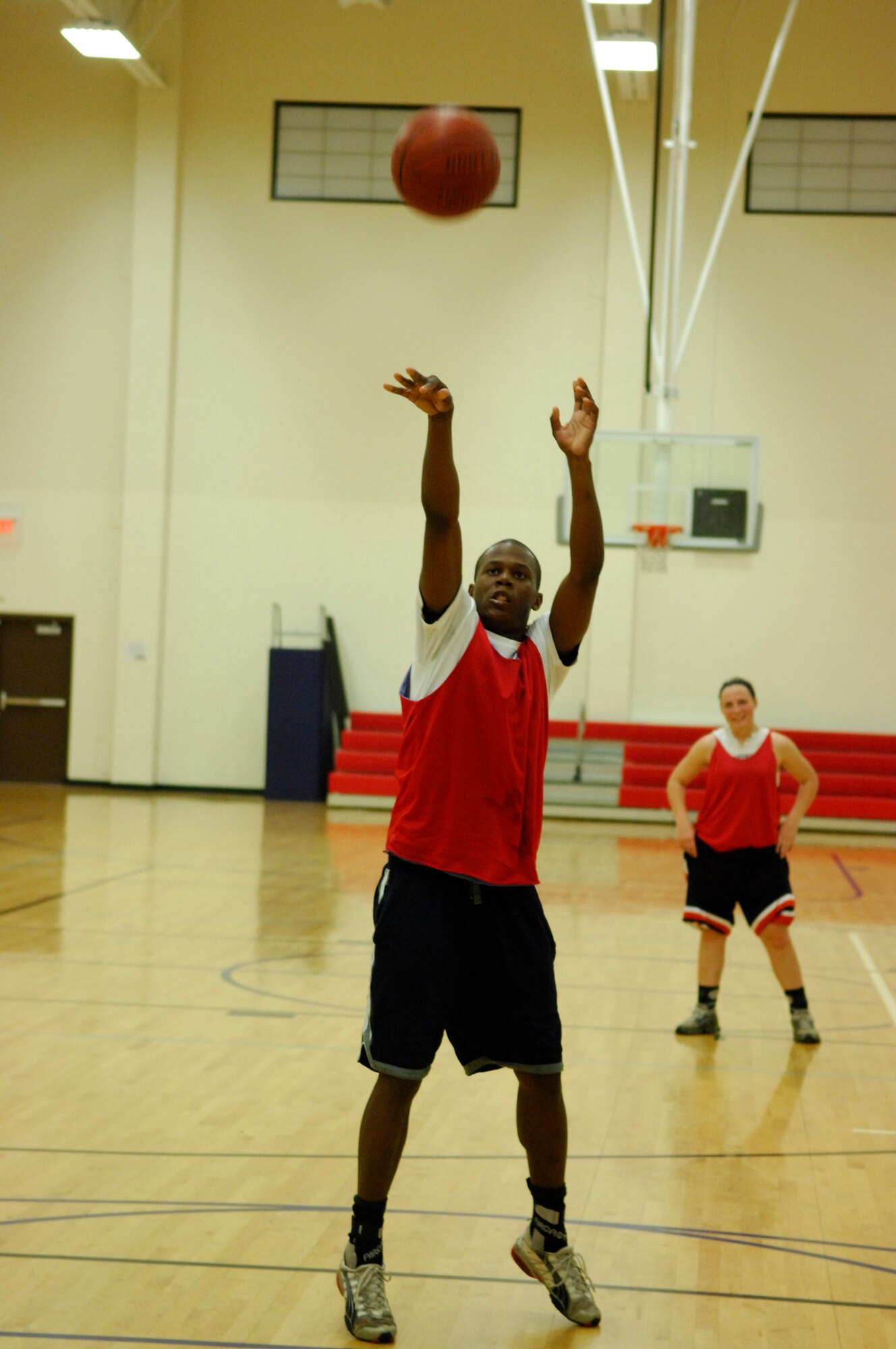 VANDENBERG AIR FORCE BASE, Calif. -- Catelion Boyd, of the 381st Training Group, shoots a free throw after being fouled by an opponent here Monday, March 8, 2010. The 381st TRG was defeated by the 30th Launch Group 72-44. (U.S. Air Force photo/Airman 1st Class Heather R. Shaw)












