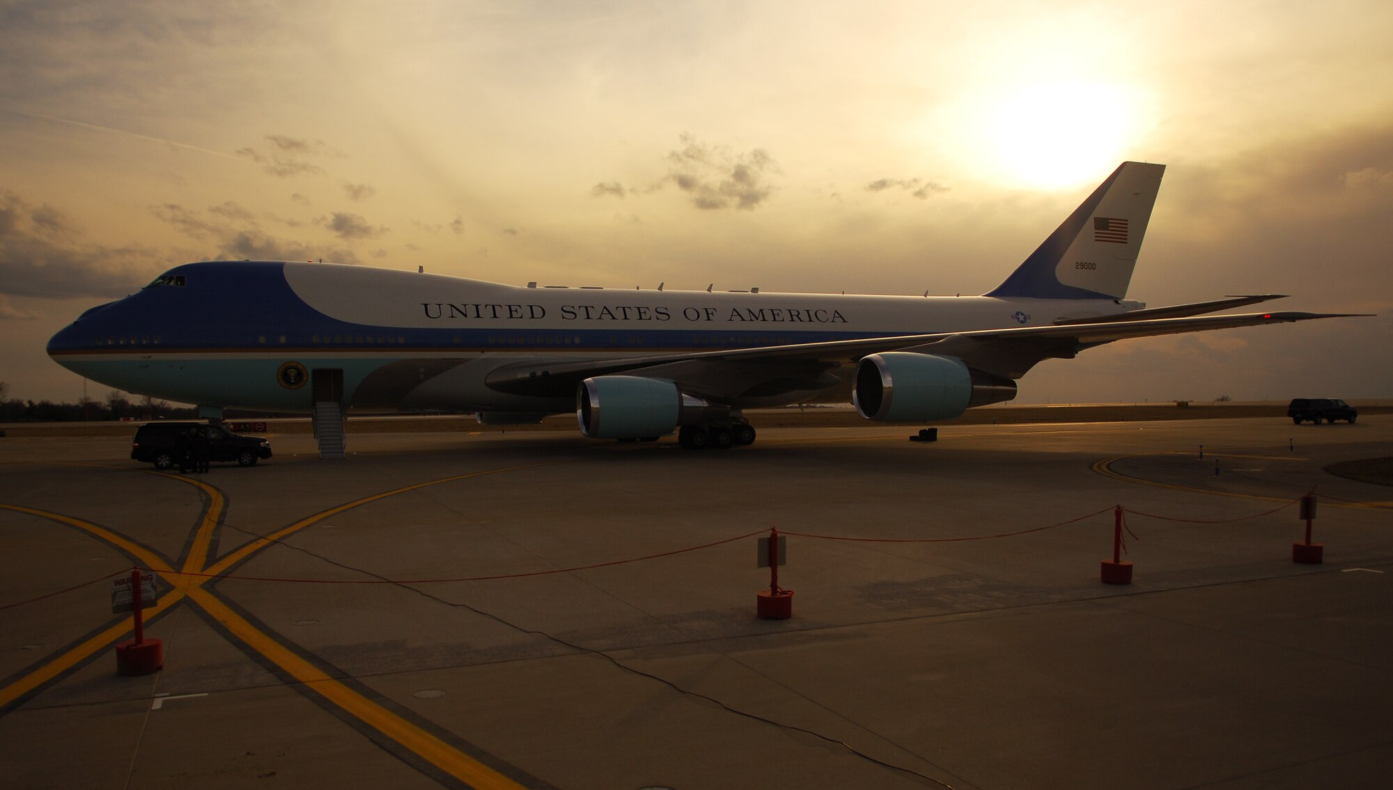 SCOTT AIR FORCE BASE, Ill. -- Air Force One stands ready on the tarmac at St. Louis - Lambert International Airport while President Obama delivers a speech about health insurance reform, a major issue among Americans, March 10, 2010. Airmen from the 375th Logistics Readiness Squadron and the 932nd Maintenance Squadron provided refueling and vehicle maintenance support to Air Force One for the president’s visit to St. Louis. (U.S. Air Force photo by Senior Airman Ryan Crane)