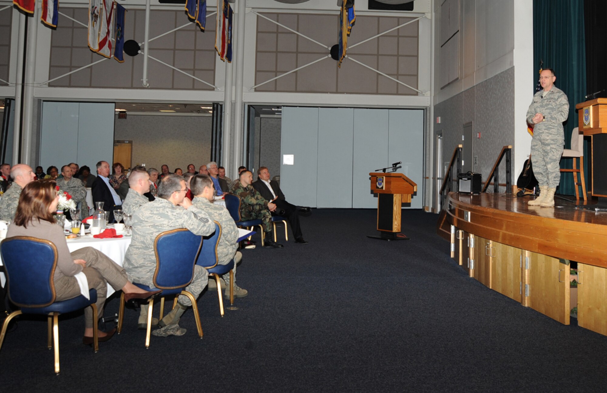 U.S. Air Force Chaplain (Col.) Conrado Navarro, U.S. Transportation Command and Air Mobility Command chaplain, discusses the theme of the breakfast, “If we only knew,” during the National Prayer Breakfast at the Robert J. Dole Community Center ballroom, Mar. 9, 2010, at McConnell Air Force Base, Kan. The speech focused on God’s purpose behind life’s biggest changes, such as permanent changes of duty station and military deployments. (U.S. Air Force Photo/Airman 1st Class Andrea Salazar)