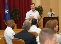 Brig. Gen. Leonard Patrick, 502nd Air Base Wing commander, gives remarks during the Air Force Assistance Fund kickoff breakfast March 8 at the Gateway Club. During the annual "Commitment to Caring" campaign, Airmen can contribute to four Air Force charitable organizations: Air Force Aid Society, Air Force Village, Air Force Enlisted Village, and the General and Mrs. Curtis E. LeMay Foundation. The campaign for Joint Base San Antonio units runs through April 16. (U.S. Air Force photo/Robbin Cresswell)