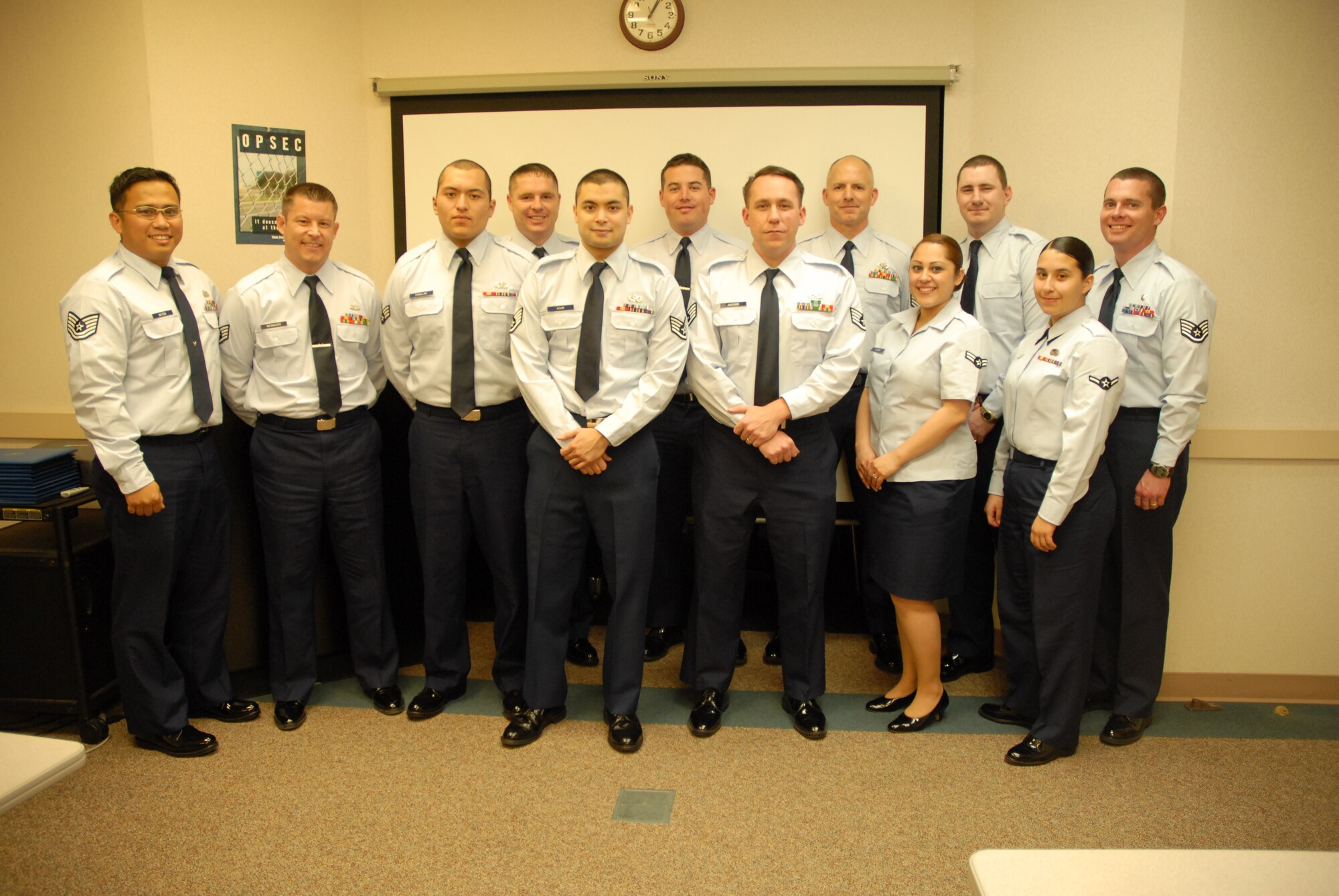 Twelve 940th Wing Reservists are the most recent graduates of the NonCommissioned Officer Leadership Development Program.  The two-week course, designed to prepare NCOs for increased leadership responsibilities, is mandatory for Reservists to be eligible for promotion to Master Sergeant.  The March 5, 2010, graduating class includes Master Sgt. Keith Ashby, Staff Sgt. David Cole, Staff Sgt. Scott Dozier, Airman 1st Class Kemberly Flores, Staff Sgt. Stephen Gennuso, Staff Sgt. Edward Jacobs, Staff Sgt. Jonathan Kouri, Staff Sgt. Robert Martell, Tech. Sgt. Mark Mateo, Staff Sgt. Chad Newberry, Senior Airman Gideon Passillas, and Airman Silvania Raposo.(U.S. Air Force Photo/Tech Sgt. Kenneth McCann)