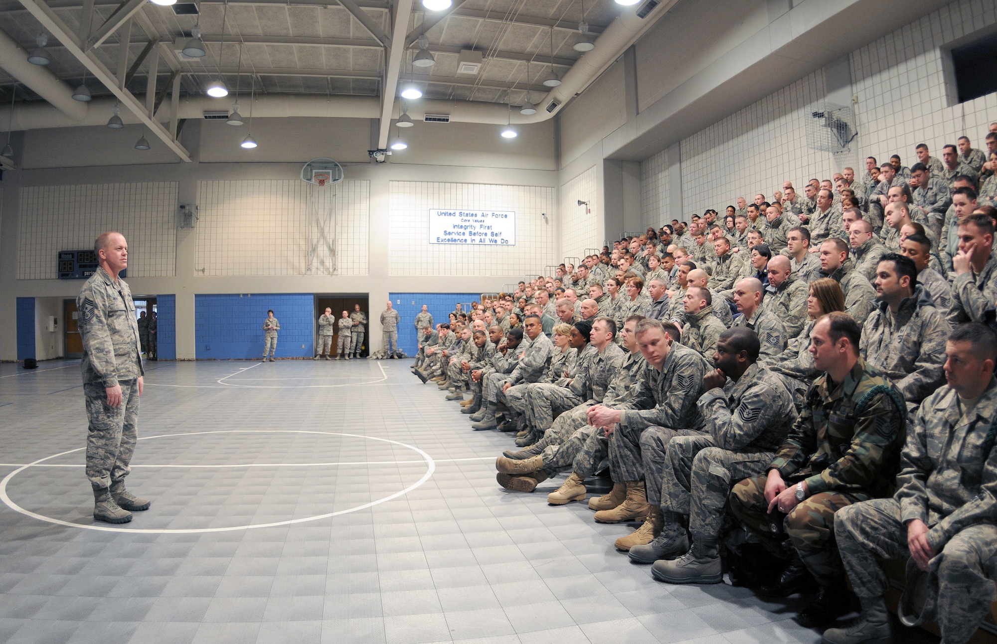 McGHEE TYSON AIR NATIONAL GUARD BASE, Tenn. -- Air National Guard Command Chief Master Sgt. Chris Muncy addresses more than 260 service members attending the Noncommissioned Officer Academy Class 10-4 and the Airman Leadership School Class 10-2 at The I.G. Brown Air National Guard Training and Education Center here, March 3, 2010. (U.S. Air Force photo by Master Sgt. Kurt Skoglund/Released)