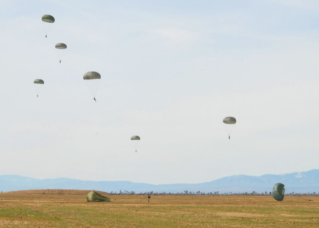 Soldiers from the U.S. Army Civil Affairs  and Psychological Operations Command (Airborne) touch down at the designated landing zone here March 5 as part of their training, which is required of each Solider to maintain their jump certification. (Air Fore photo/Senior Airman William O'Brien)
