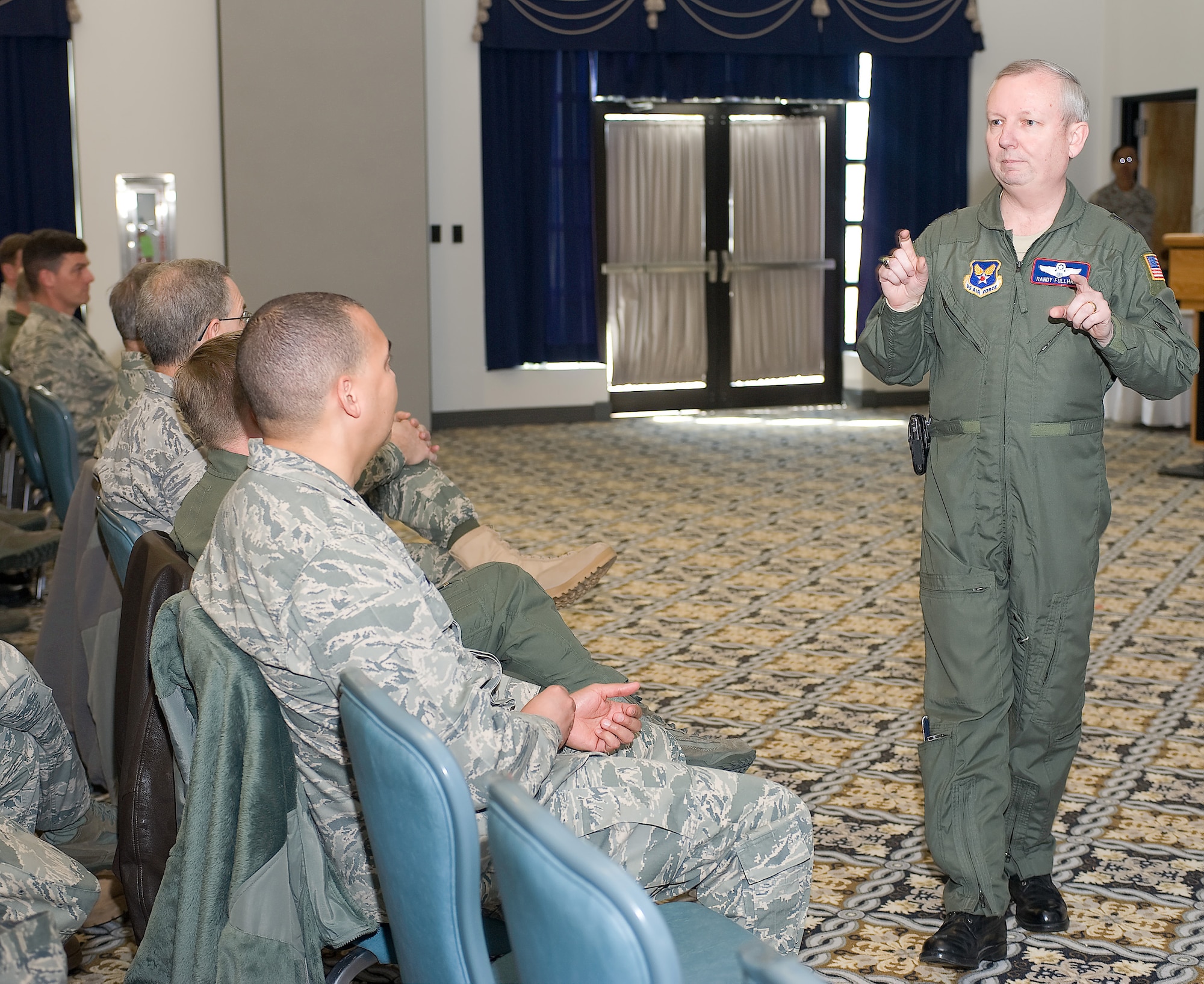 Maj. Gen. Randal Fullhart, director, Global Reach Programs, Office of the Assistant Secretary of the Air Force for Acquisition, Headquarters Air Force, Washington, D.C., speaks as part of a town hall meeting March 4 on the functions of the acquisitions section of Headquarters Air Force. He answered questions on the troubleshooting process of acquisitions and congratulated Dover on its job well-done with the C-5M Super Galaxy. (U.S. Air Force photo/Brianne Zimny)
