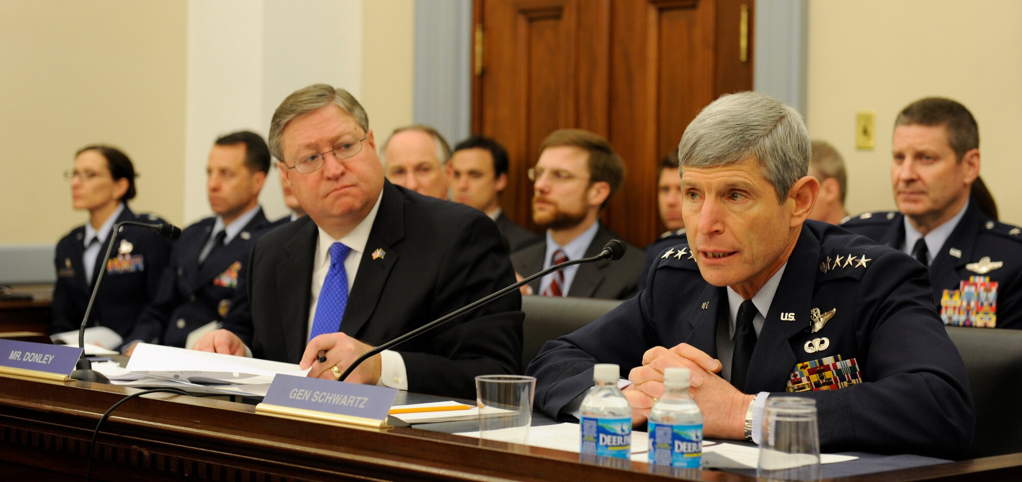 Air Force Chief of Staff Gen. Norton Schwartz provides his opening statement to the House Appropriations Subcommittee on Defense March 10, 2010, at the U.S. Capitol, with Secretary of the Air Force Michael Donley.  The hearing allowed Secretary Donley and General Schwartz the opportunity to outline the Air Force's FY2011 budget request and to address questions raised by committee members.  Topics included service core functions such as nuclear deterrence, air and space superiority, cyberspace, global precision attack and rapid global mobility.  (U.S. Air Force photo/Scott M. Ash)