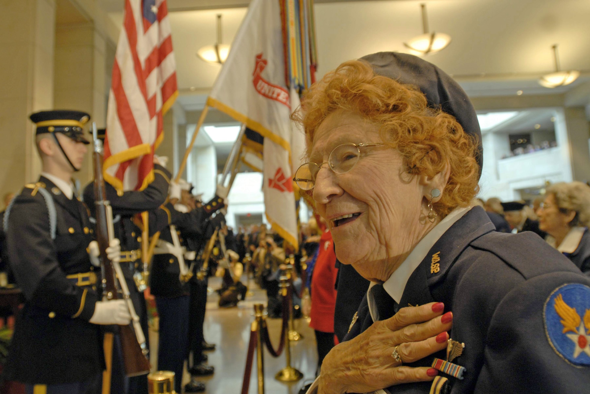 Betty Wall Strohfus, a Women Airforce Service Pilot from Minnesota, sings the "Star-Spangled Banner" during the Congressional Gold Medal ceremony at the Capitol March 10, 2010. More than 200 WASPs attended the event, many of them wearing their World War II-era uniforms. (U.S. Air Force photo/Staff Sgt. J.G. Buzanowski)