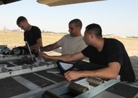 PHNOM PENH, Kingdom of Cambodia -- Maintainers from the 353rd Maintenance Squadron annotate the findings after preflight inspections on two MC-130P Combat Shadows here Feb. 24. Airmen from the 353rd Special Operations Group deployed here Feb. 21-24 to support a training exercise between U.S. Army Special Forces and Royal Cambodian Armed Forces National Counter-Terrorism Special Forces. (U.S. Air Force photo by Tech. Sgt. Aaron Cram)