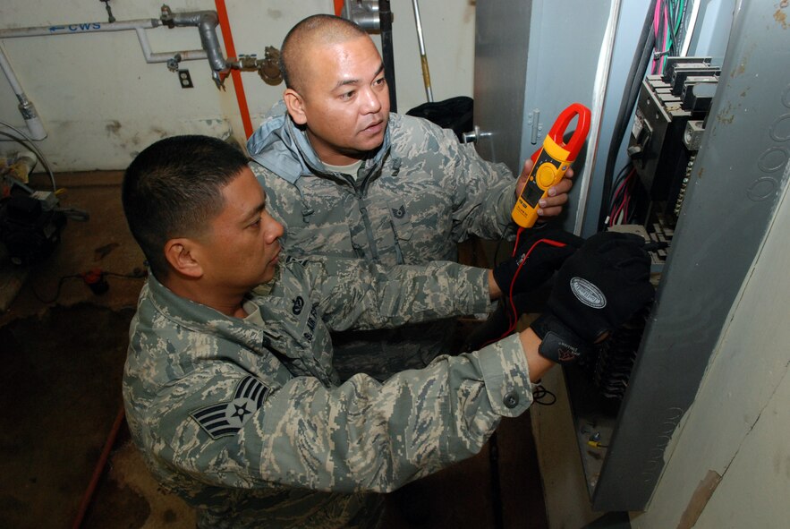 Staff Sgt. Felix Daniel, 254th Rapid Engineer Deployable Heavy Operational Repair Squadron Engineers (RED HORSE) Squadron power production technician, and Tech. Sgt. Edward Garrido, 254th RED HORSE electrical journeyman, troubleshoot interior lighting at Rush Park at Osan Air Base, South Korea. (U.S. Air Force photo/Staff Sgt. Steve Grever)