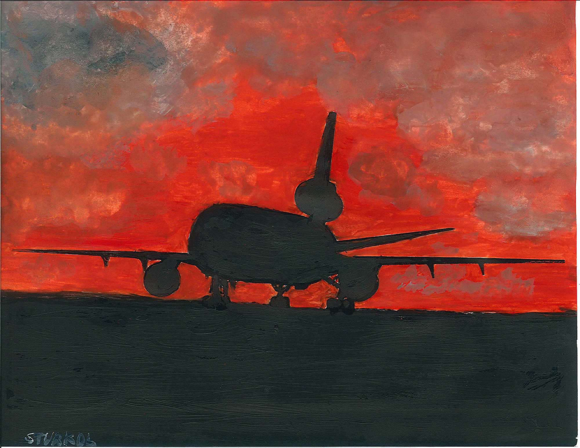 This is a scan of a watercolor silhouette painting of a KC-10 Extender aircraft by Master Sgt. Scott T. Sturkol from a series of four paintings called "Silhouette Series: 380th Air Expeditionary Wing Aircraft." The paintings have been donated to the wing by the artist and the 380th AEW "Top Three" organization. Sergeant Sturkol is a public affairs superintendent deployed from Air Mobility Command Public Affairs at Scott Air Force Base, Ill. (U.S. Air Force Photo)